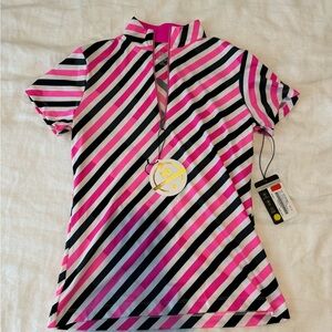 Striped Golf Shirt - Pink, Black, White